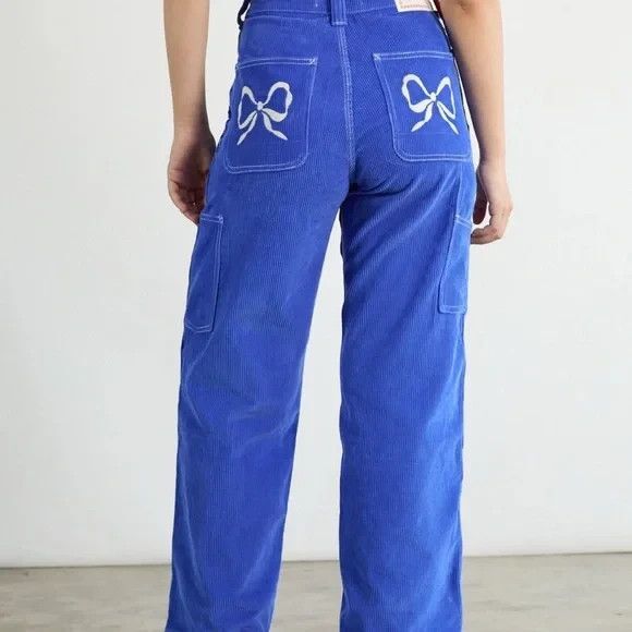 Lisa Says Gah women Dylan Corduroy Jean Pants sz 6 Cobalt Blue with Bows 28" ins - Picture 3 of 11